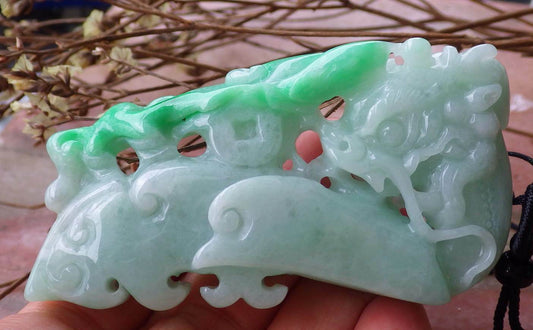 Certified Hand Carved Natural Myanmar Burma A Jade jadeite Dragon Lotus Flower Hook Pendant Necklace