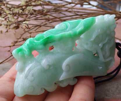 Certified Hand Carved Natural Myanmar Burma A Jade jadeite Dragon Lotus Flower Hook Pendant Necklace