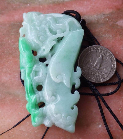 Certified Hand Carved Natural Myanmar Burma A Jade jadeite Dragon Lotus Flower Hook Pendant Necklace