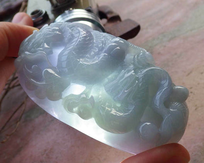 Certified Hand Carved Green Lavender Natural Myanmar Burma Grade A Jade jadeite Dragon Ruyi Pendant Necklace