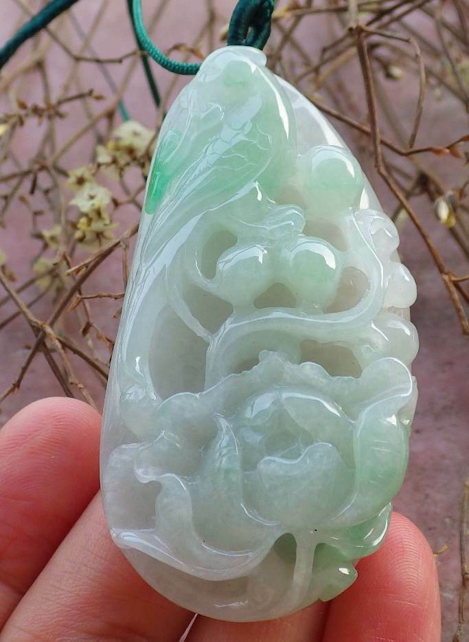 Certified Hand Carved Green Natural Myanmar Burma A Jade jadeite Phoenix Rose Flower Pendant Necklace