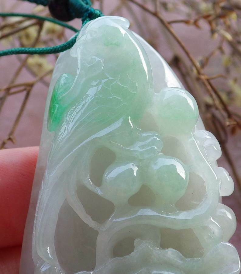 Certified Hand Carved Green Natural Myanmar Burma A Jade jadeite Phoenix Rose Flower Pendant Necklace