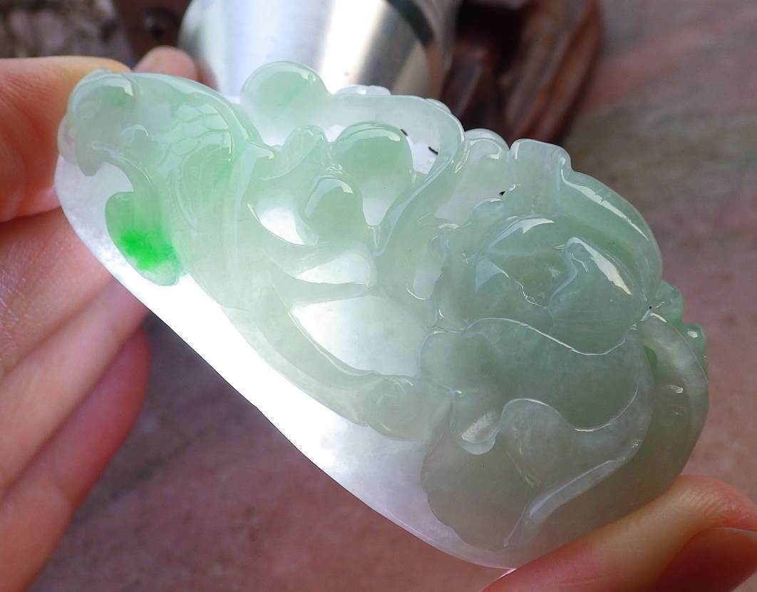 Certified Hand Carved Green Natural Myanmar Burma A Jade jadeite Phoenix Rose Flower Pendant Necklace