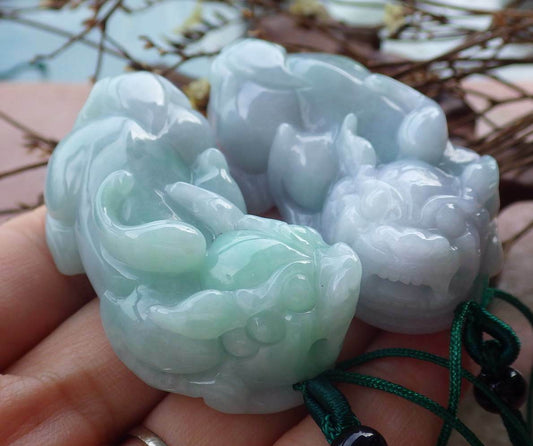 1 Pair Hand Carved Certified Green Natural Myanmar Burma A Jade jadeite Dragon Pi Xiu Pendant Necklace