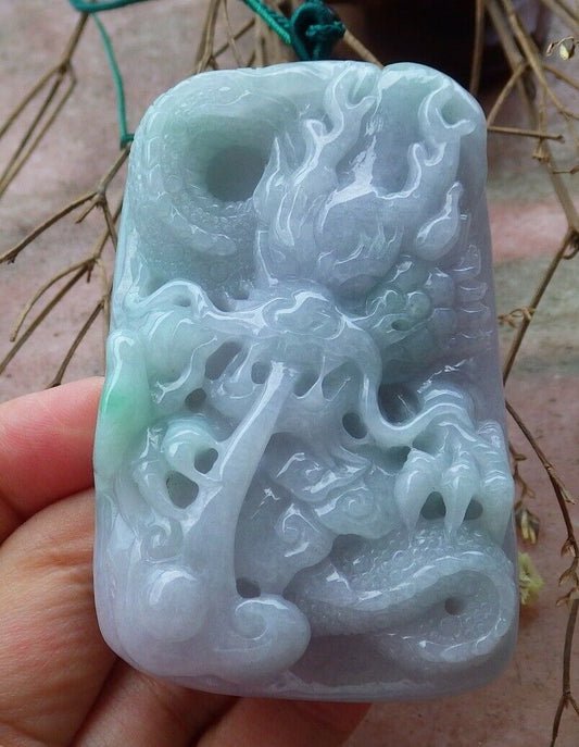 Certified Hand Carved Green Natural Myanmar Burma Grade A Jade jadeite Dragon Lotus Flower Pendant Necklace