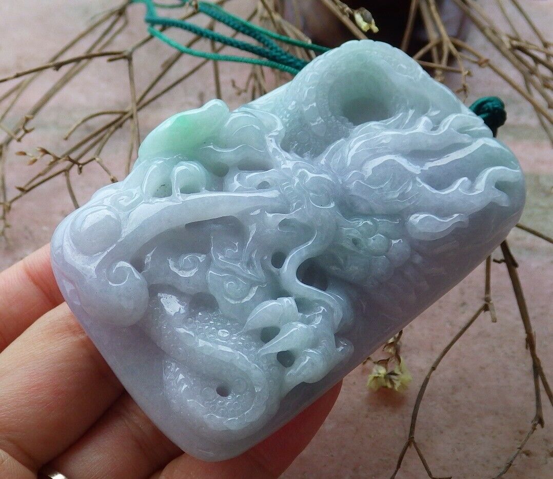 Certified Hand Carved Green Natural Myanmar Burma Grade A Jade jadeite Dragon Lotus Flower Pendant Necklace