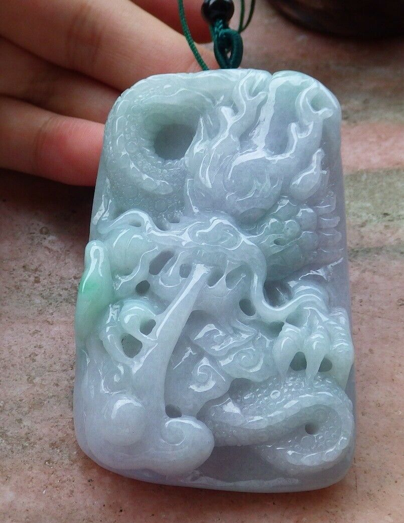 Certified Hand Carved Green Natural Myanmar Burma Grade A Jade jadeite Dragon Lotus Flower Pendant Necklace