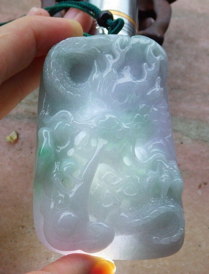 Certified Hand Carved Green Natural Myanmar Burma Grade A Jade jadeite Dragon Lotus Flower Pendant Necklace