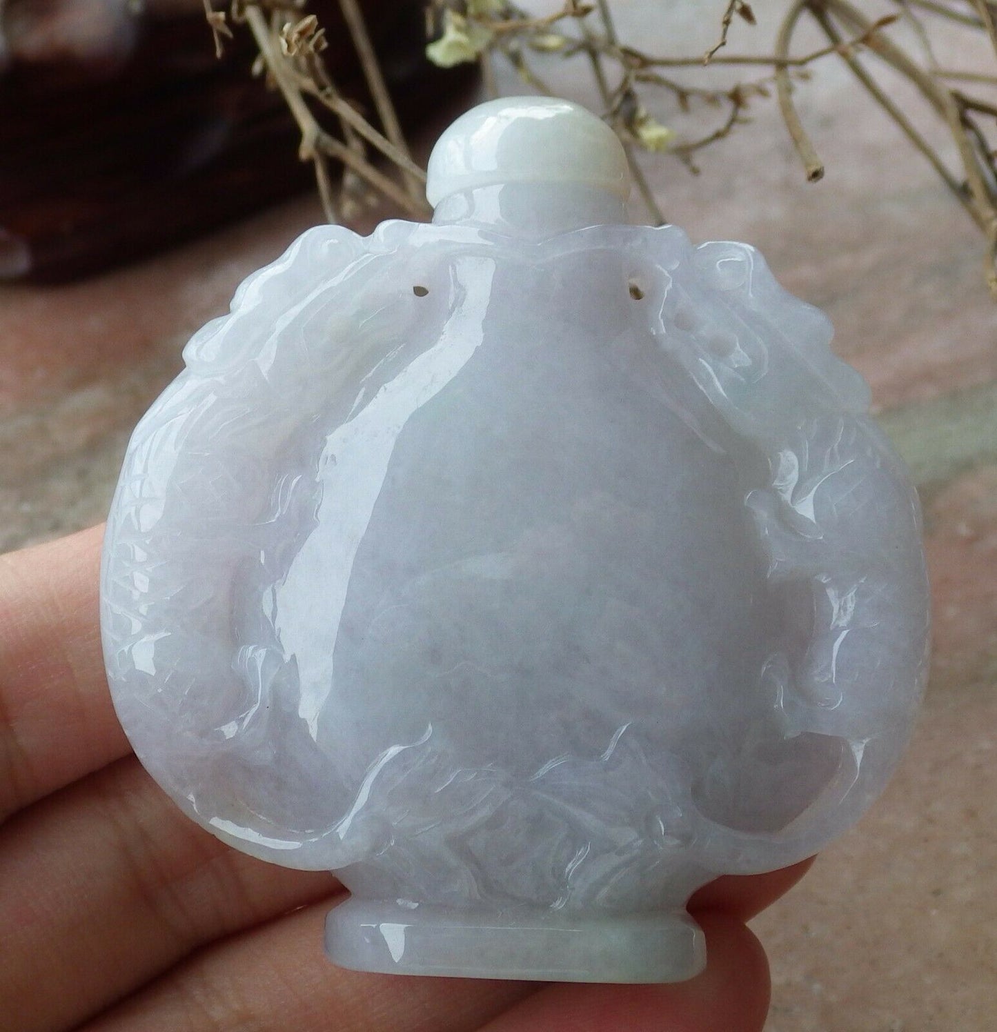 Certified Hand Carved Lavender Natural Myanmar Burma A Jade jadeite Display Dragon Snuff Bottle