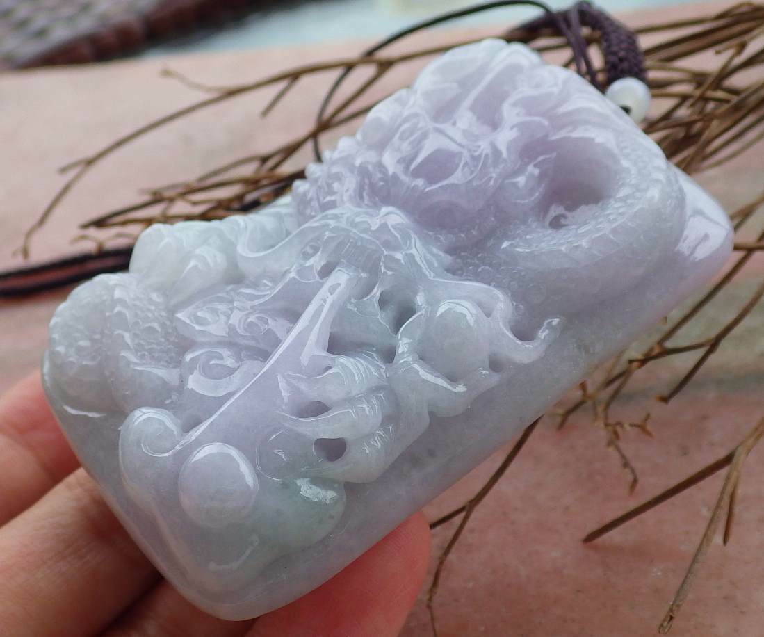 Certified Hand Carved Natural Myanmar Burma A Jade jadeite Dragon Ruyi Lucky Amulet Pendant Necklace