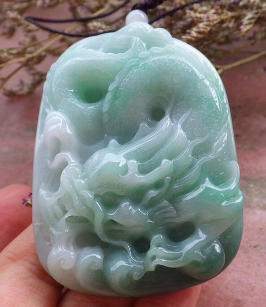 Certified Hand Carved Green Natural Myanmar Burma A Jade jadeite Pendant Dragon Lotus Flower Pendant Necklace