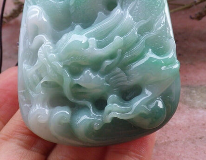 Certified Hand Carved Green Natural Myanmar Burma A Jade Jadeite Dragon Turtle Chop Seal Display