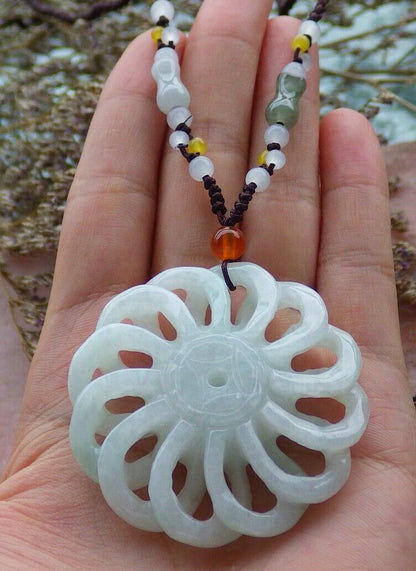 Certified Hand Carved Green Natural Myanmar Burma A Jade jadeite Coin Knotte Flower Circle Pendant Necklace