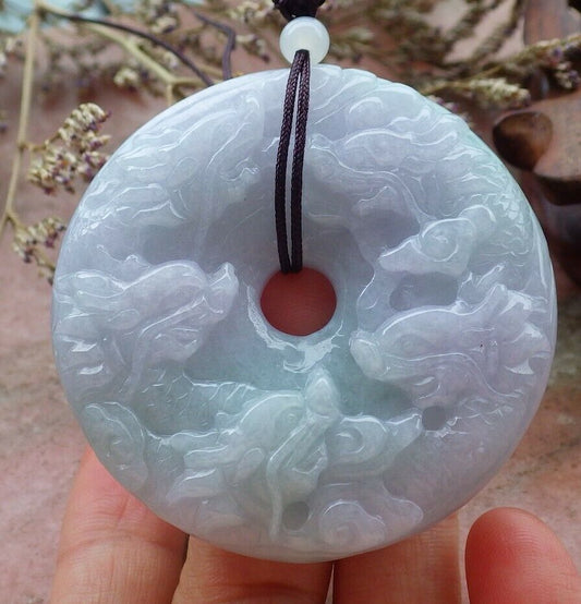 Certified Hand Carved Lavender Natural Myanmar Burma A Jade jadeite 9 Dragon Spit Bead Pendant Necklace