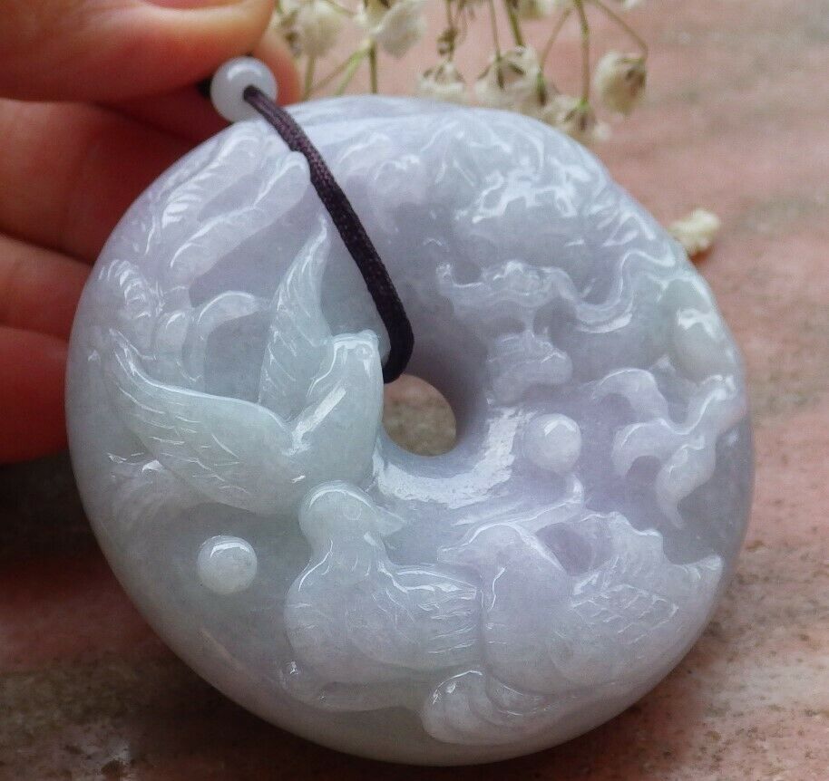 Certified Hand Carved Natural Myanmar Burma A Jade jadeite Mandarin Duck Dragon Phoenix Pendant Necklace