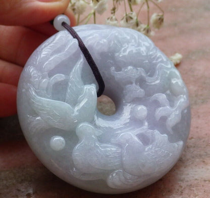 Certified Hand Carved Natural Myanmar Burma A Jade jadeite Mandarin Duck Dragon Phoenix Pendant Necklace