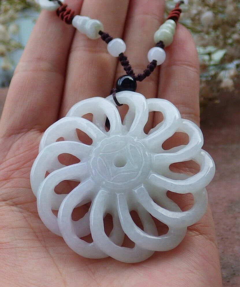 Certified Hand Carved Natural Myanmar Burma A Jade jadeite Coin Knotte Flower Circle Pendant Necklace