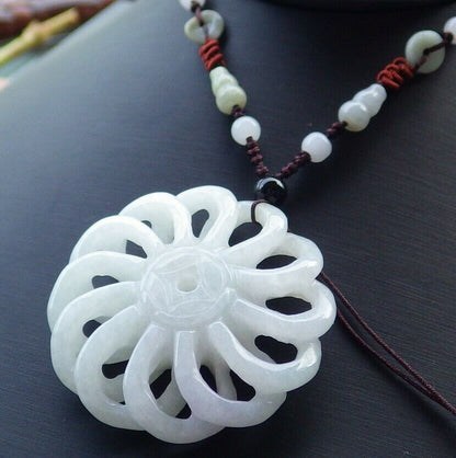 Certified Hand Carved Natural Myanmar Burma A Jade jadeite Coin Knotte Flower Circle Pendant Necklace