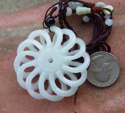 Certified Hand Carved Natural Myanmar Burma A Jade jadeite Coin Knotte Flower Circle Pendant Necklace