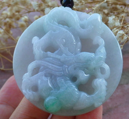 Certified Hand Carved Green Natural Burma A Jade jadeite Dragon Bead Circle Pendant Necklace