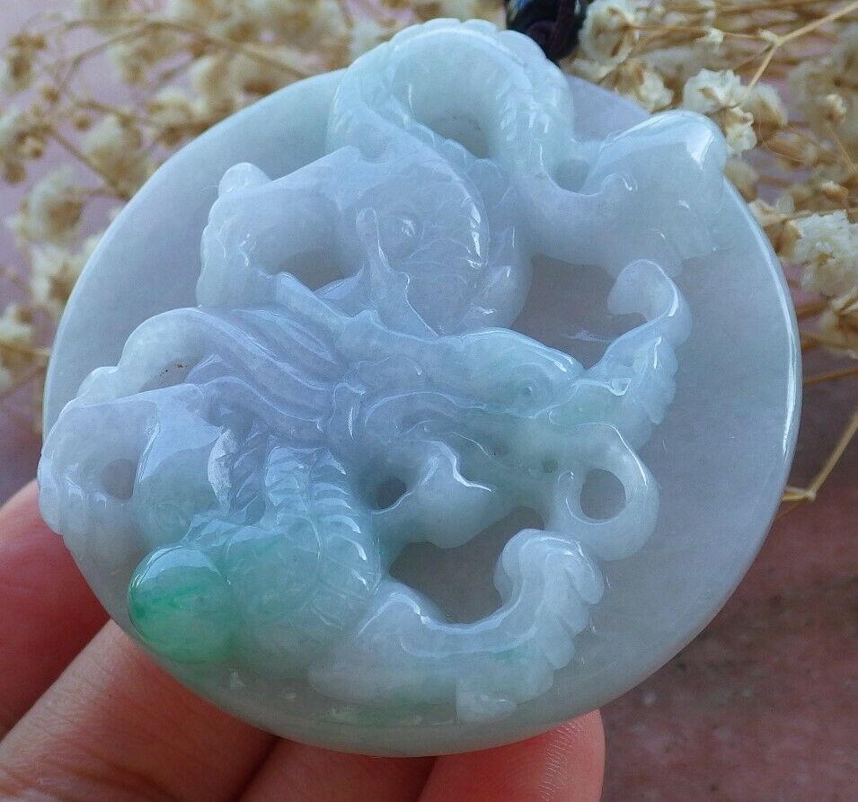 Certified Hand Carved Green Natural Burma A Jade jadeite Dragon Bead Circle Pendant Necklace