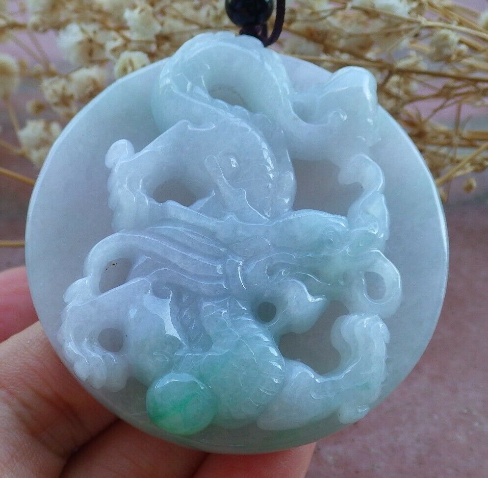 Certified Hand Carved Green Natural Burma A Jade jadeite Dragon Bead Circle Pendant Necklace