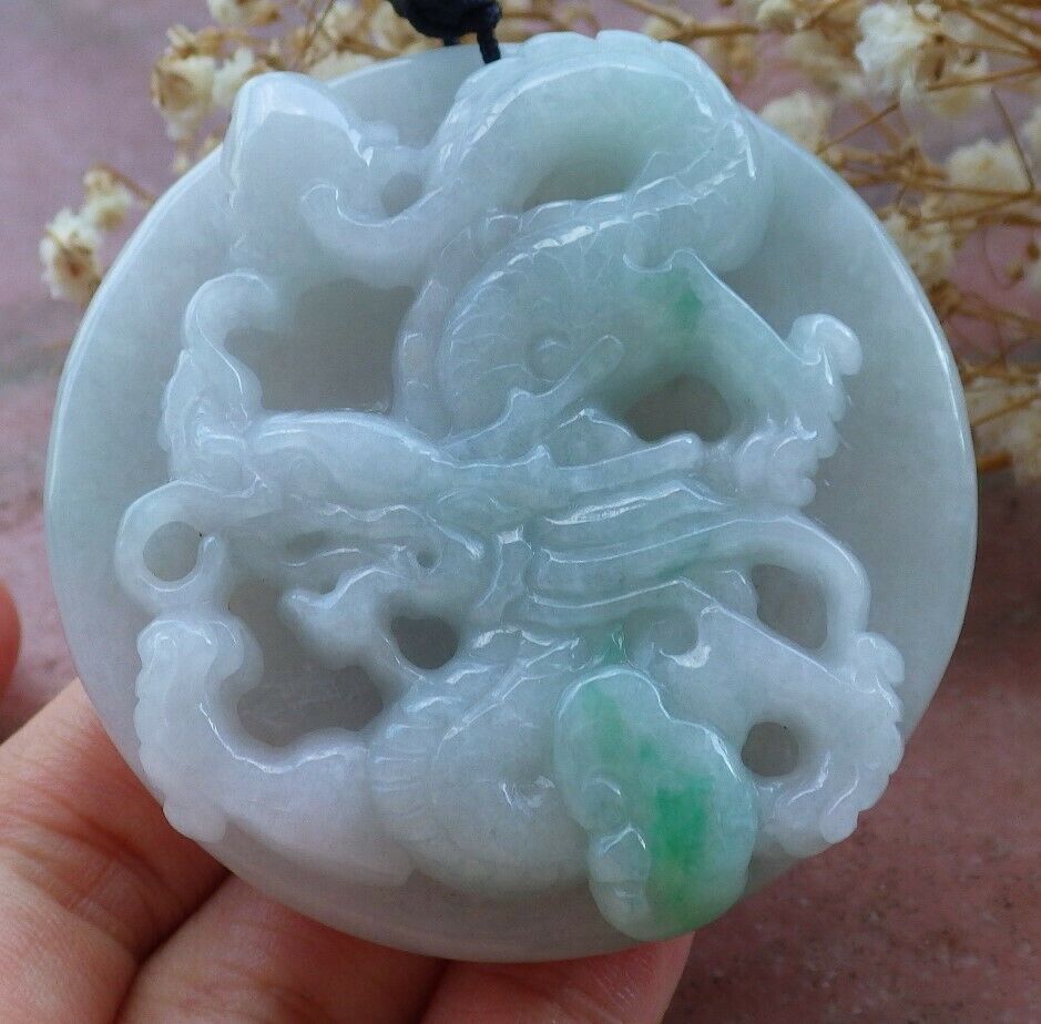 Certified Hand Carved Green Natural Burma A Jade jadeite Dragon Bead Circle Pendant Necklace