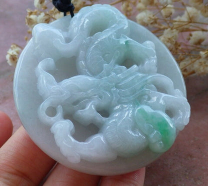 Certified Hand Carved Green Natural Burma A Jade jadeite Dragon Bead Circle Pendant Necklace