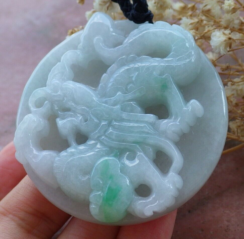 Certified Hand Carved Green Natural Burma A Jade jadeite Dragon Bead Circle Pendant Necklace