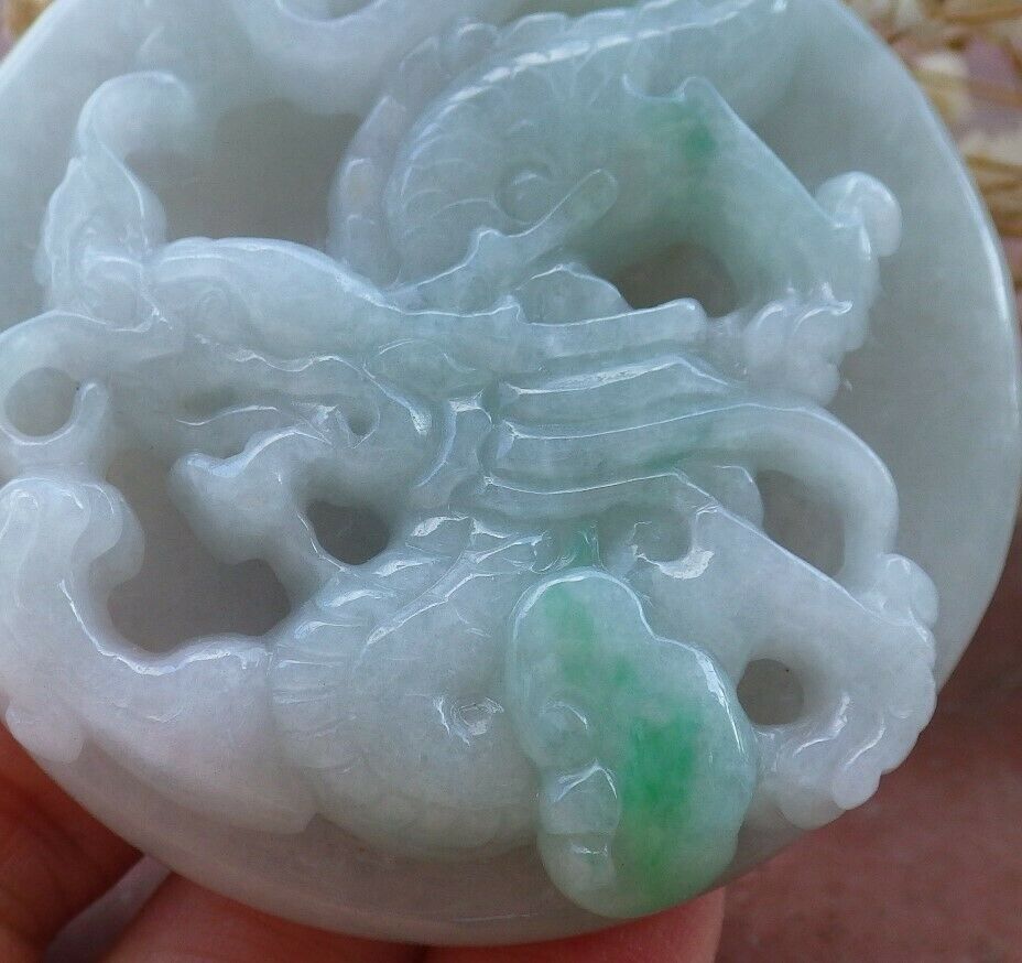 Certified Hand Carved Green Natural Burma A Jade jadeite Dragon Bead Circle Pendant Necklace