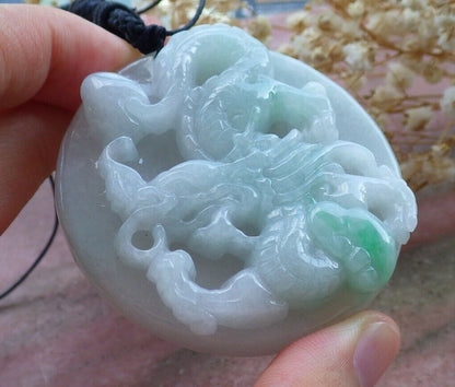 Certified Hand Carved Green Natural Burma A Jade jadeite Dragon Bead Circle Pendant Necklace