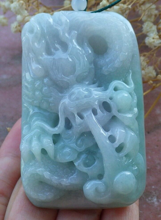 Certified Hand Carved Green Natural Myanmar Burma A Jade jadeite Dragon Lotus Flower Pendant Necklace