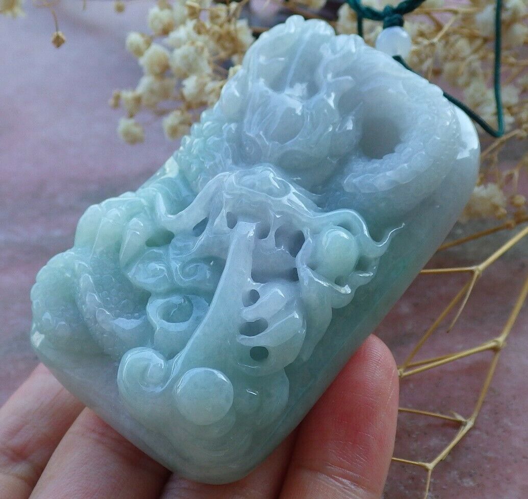 Certified Hand Carved Green Natural Myanmar Burma A Jade jadeite Dragon Lotus Flower Pendant Necklace