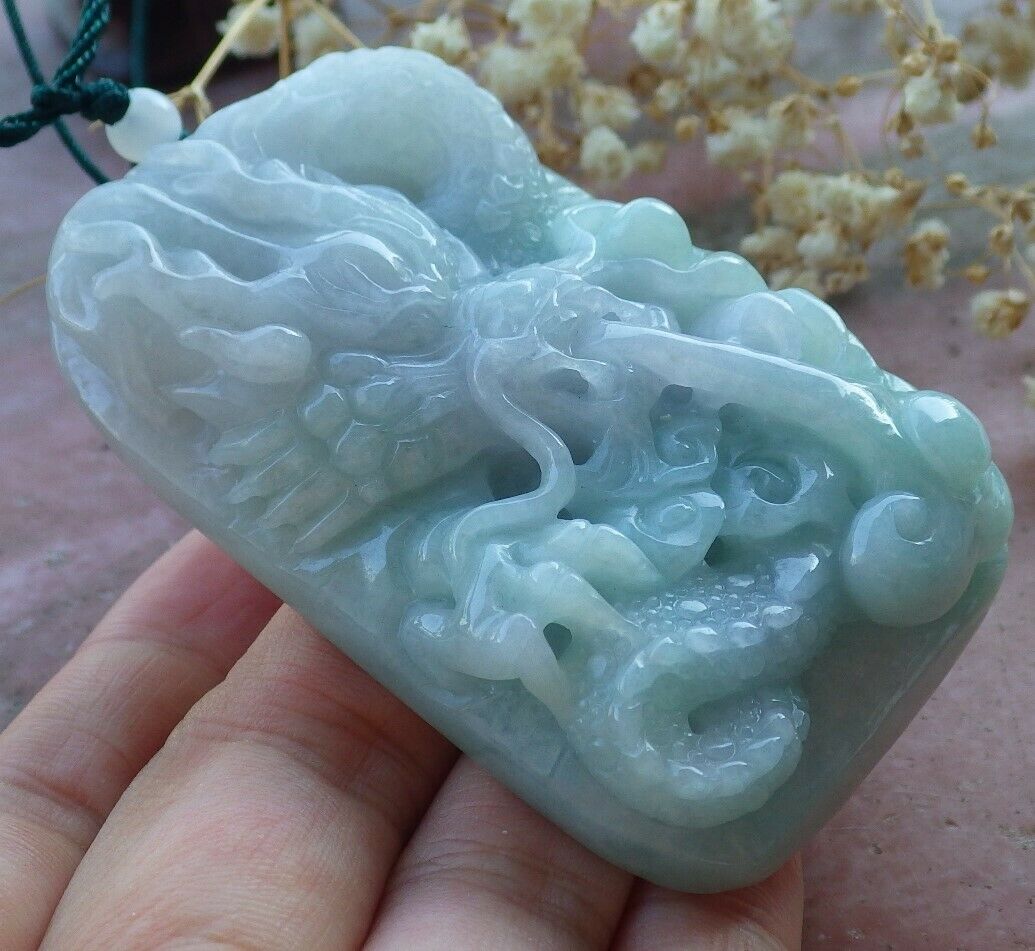 Certified Hand Carved Green Natural Myanmar Burma A Jade jadeite Dragon Lotus Flower Pendant Necklace