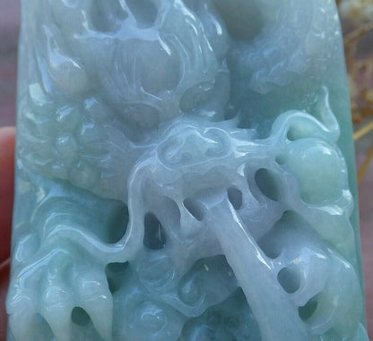 Certified Hand Carved Green Natural Myanmar Burma A Jade jadeite Dragon Lotus Flower Pendant Necklace