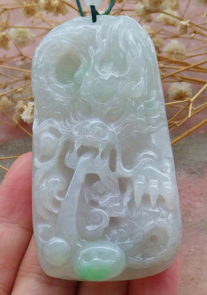 Certified Hand Carved Green Natural Myanmar Burma A Jade jadeite Dragon Spit Bead Pendant Necklace