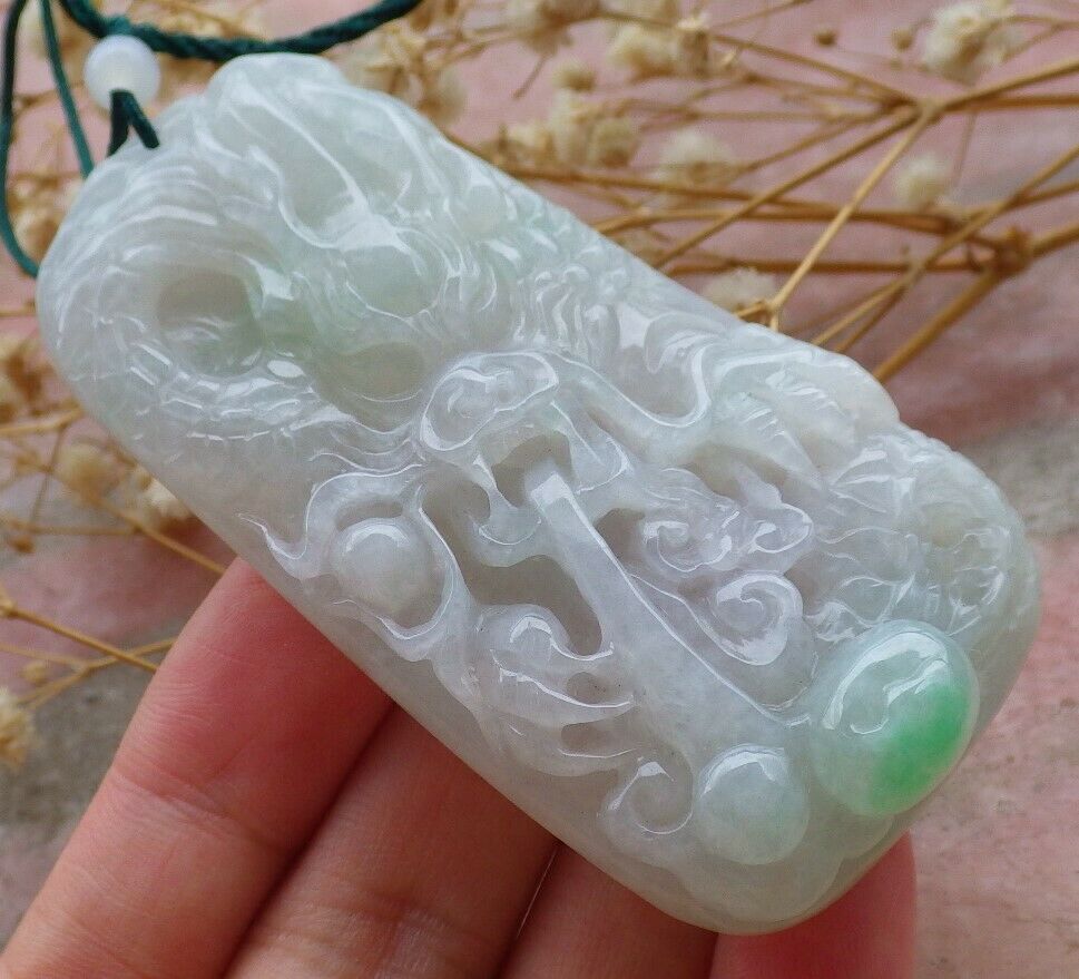 Certified Hand Carved Green Natural Myanmar Burma A Jade jadeite Dragon Spit Bead Pendant Necklace