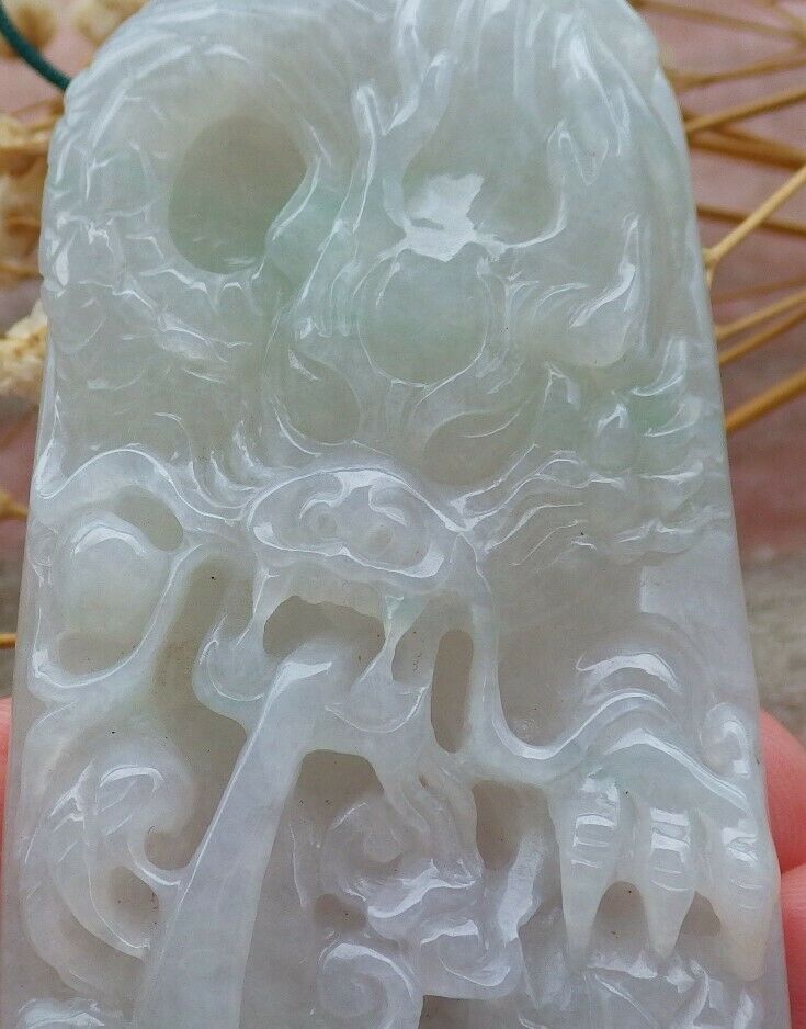 Certified Hand Carved Green Natural Myanmar Burma A Jade jadeite Dragon Spit Bead Pendant Necklace