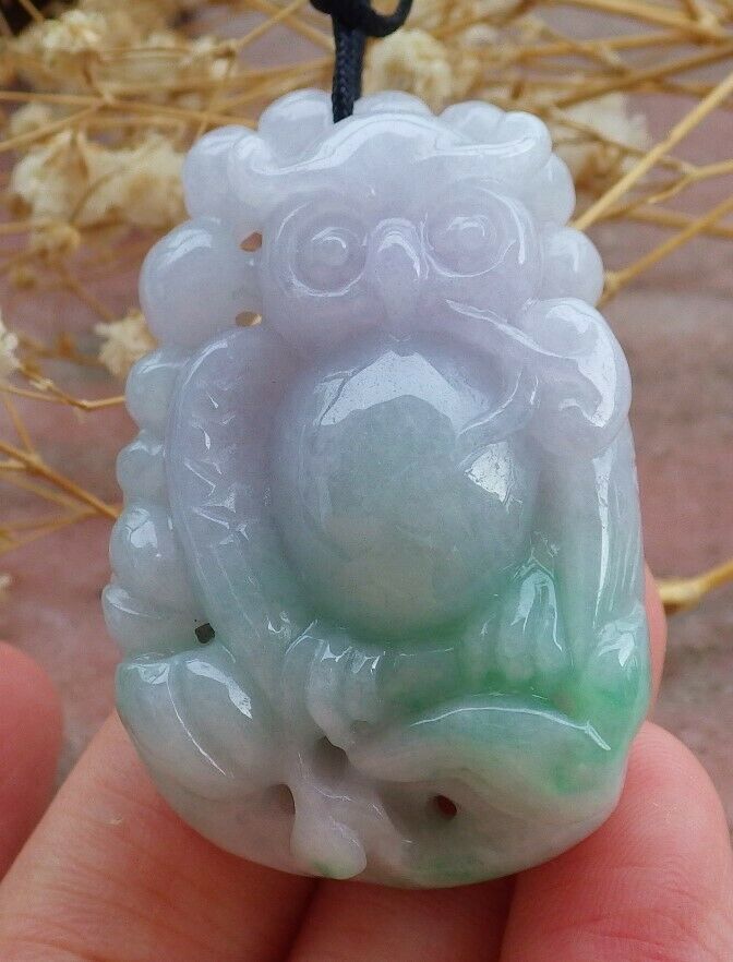 Certified Hand Carved Lavender Natural Myanmar Burma A Jade jadeite Owl Lotus Flower Pendant Necklace