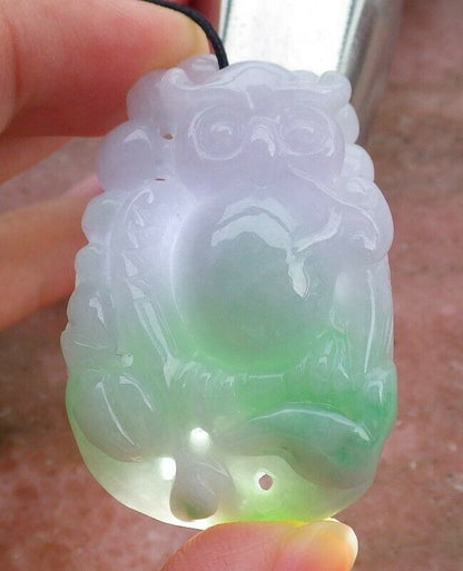 Certified Hand Carved Lavender Natural Myanmar Burma A Jade jadeite Owl Lotus Flower Pendant Necklace