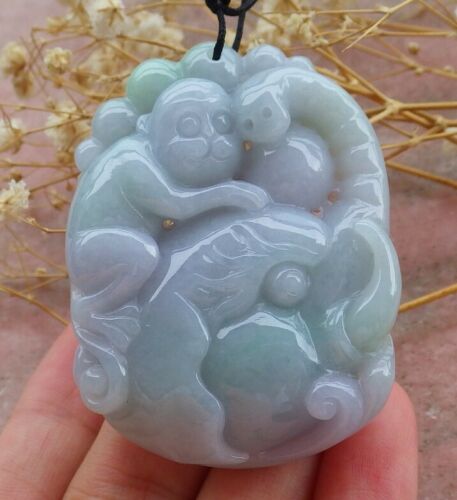 Certified Hand Carved Green Myanmar Burma Natural A Jade jadeite Elephant Monkey Pendant Necklace