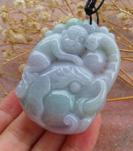 Certified Hand Carved Green Myanmar Burma Natural A Jade jadeite Elephant Monkey Pendant Necklace