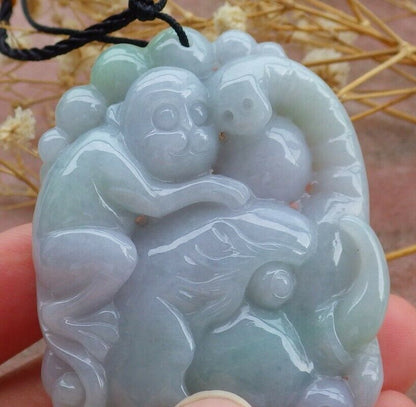 Certified Hand Carved Green Myanmar Burma Natural A Jade jadeite Elephant Monkey Pendant Necklace