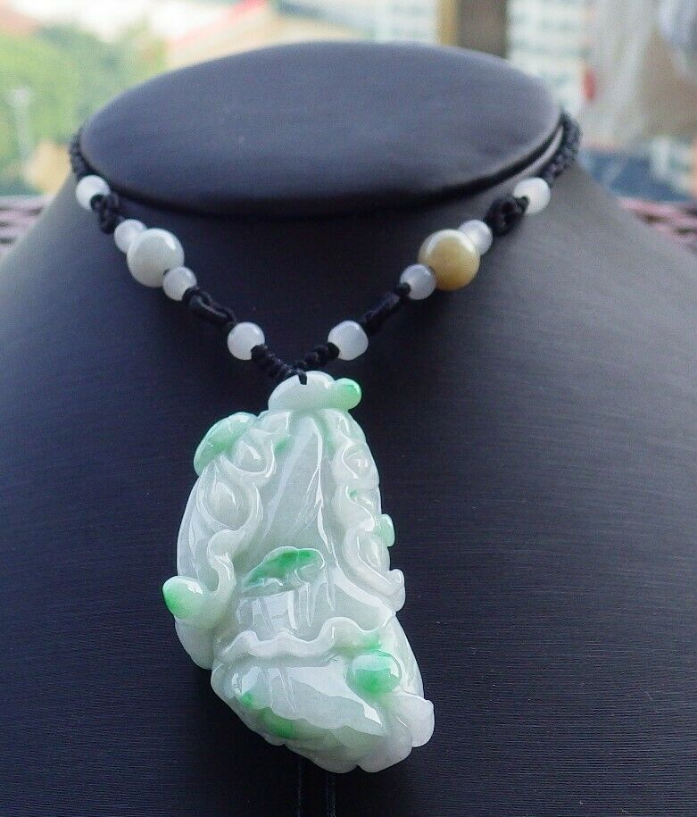 Certified Hand Carved Green Natural Myanmar Burma A Jade jadeite Lotus Flower Cabbage Pendant Necklace