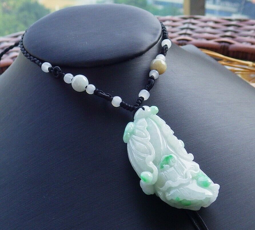 Certified Hand Carved Green Natural Myanmar Burma A Jade jadeite Lotus Flower Cabbage Pendant Necklace