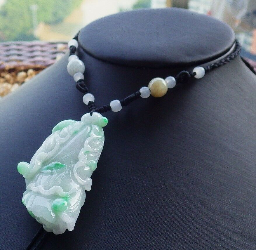 Certified Hand Carved Green Natural Myanmar Burma A Jade jadeite Lotus Flower Cabbage Pendant Necklace