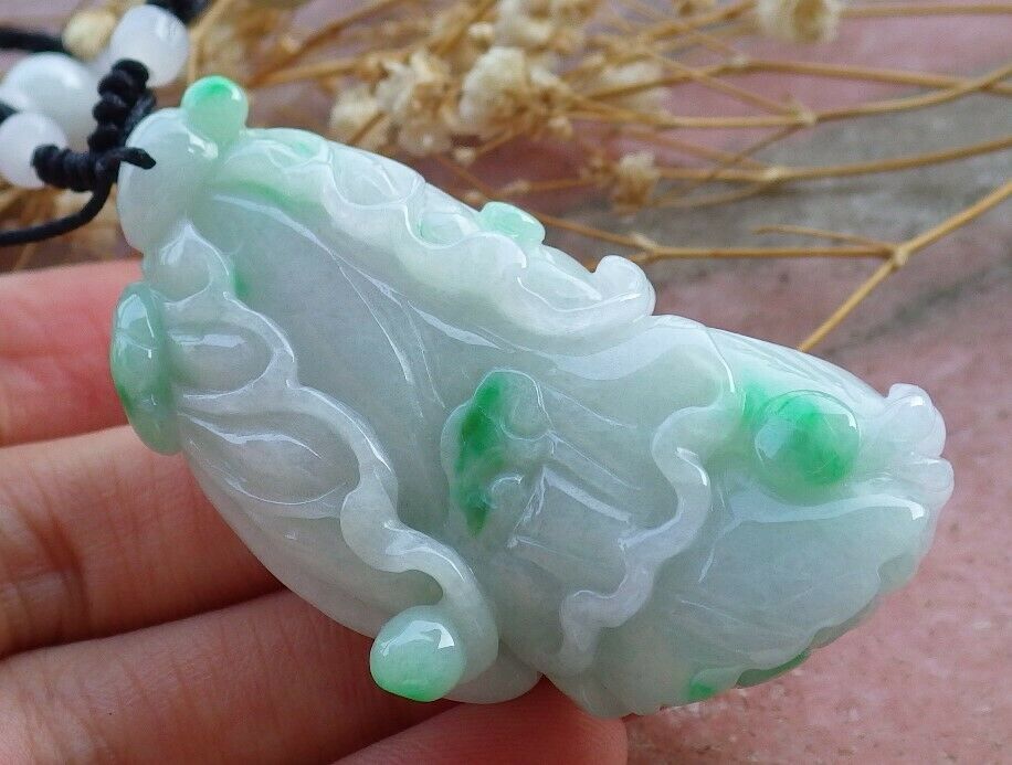 Certified Hand Carved Green Natural Myanmar Burma A Jade jadeite Lotus Flower Cabbage Pendant Necklace