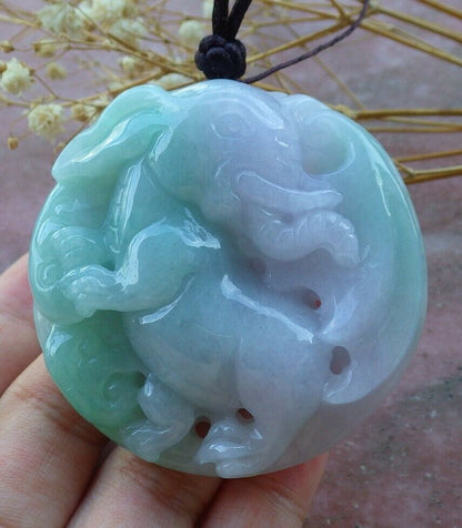 Certified Hand Carved Green 100% Natural Myanmar Burma A Jade Jadeite Ruyi Fly Elephant Pendant Necklace