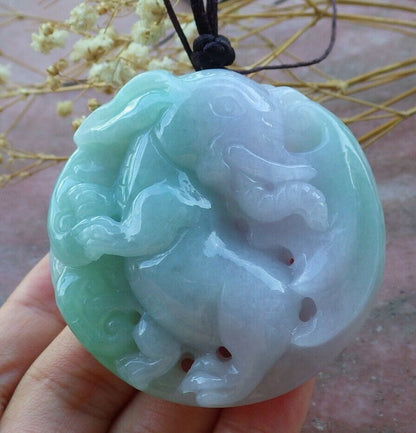 Certified Hand Carved Green 100% Natural Myanmar Burma A Jade Jadeite Ruyi Fly Elephant Pendant Necklace