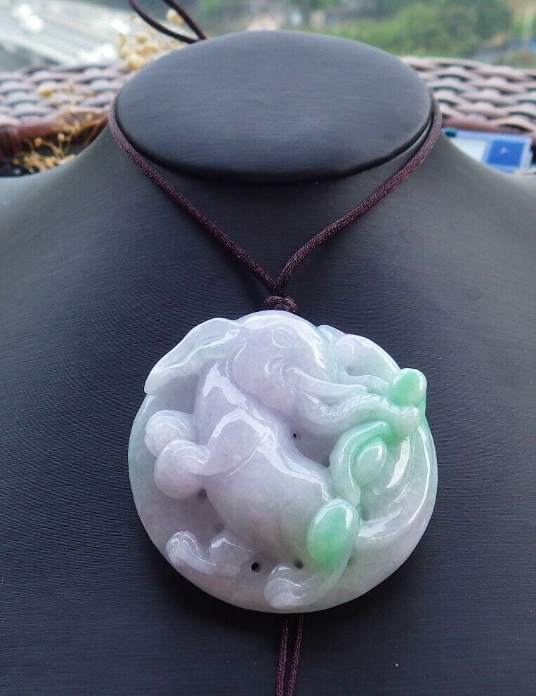 Certified Hand Carved Lavender Green 100% Natural Myanmar Burma A Jade Jadeite Ruyi Fly Elephant Pendant Necklace